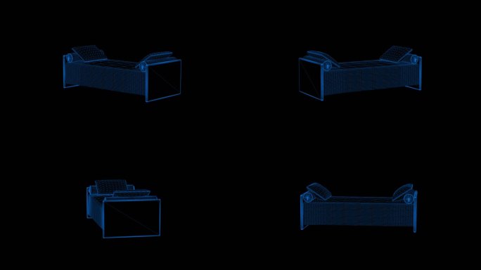 4k蓝色全息科技线框床素材带通道
