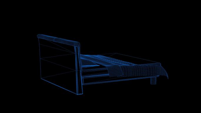 4k蓝色全息科技线框床素材带通道
