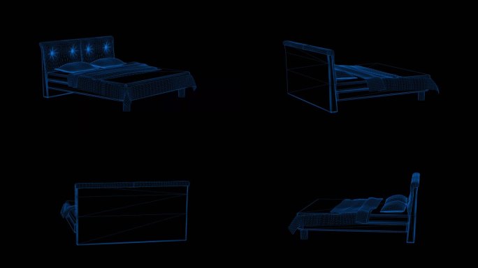 4k蓝色全息科技线框床素材带通道