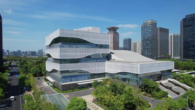 航拍 杭州滨江区图书馆