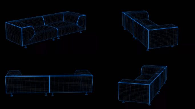 4k蓝色全息科技线框家具沙发素材带通道