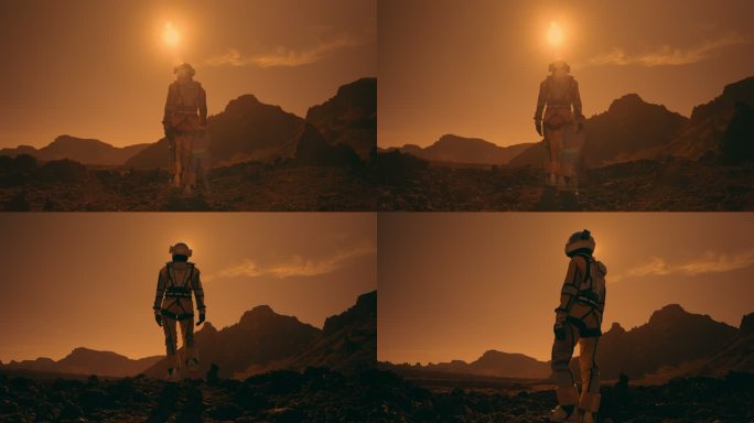 火星漫步。女宇航员探索锈色沙漠。站在岩石中，看着风景