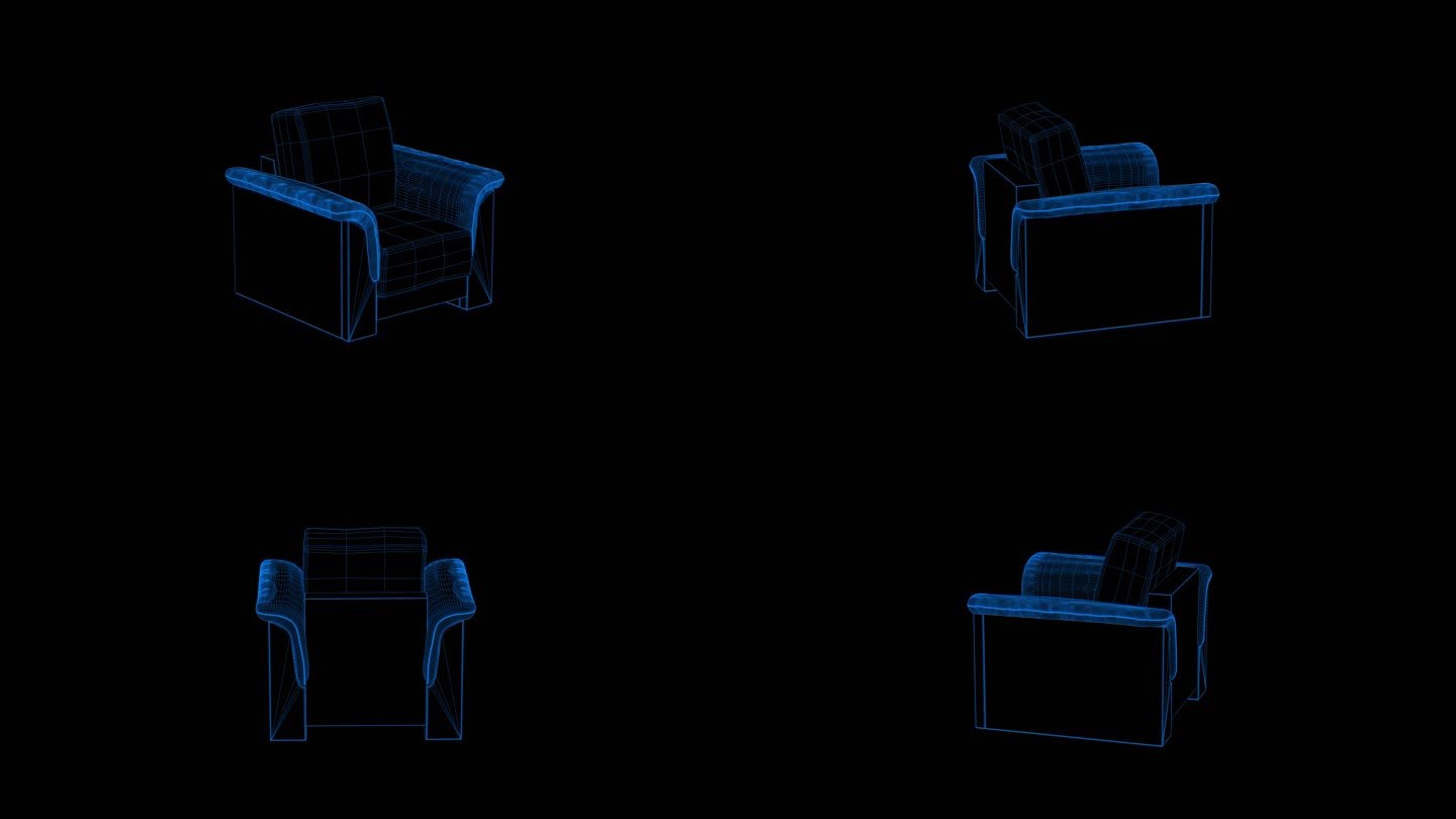 4k蓝色全息科技线框家具沙发素材带通道