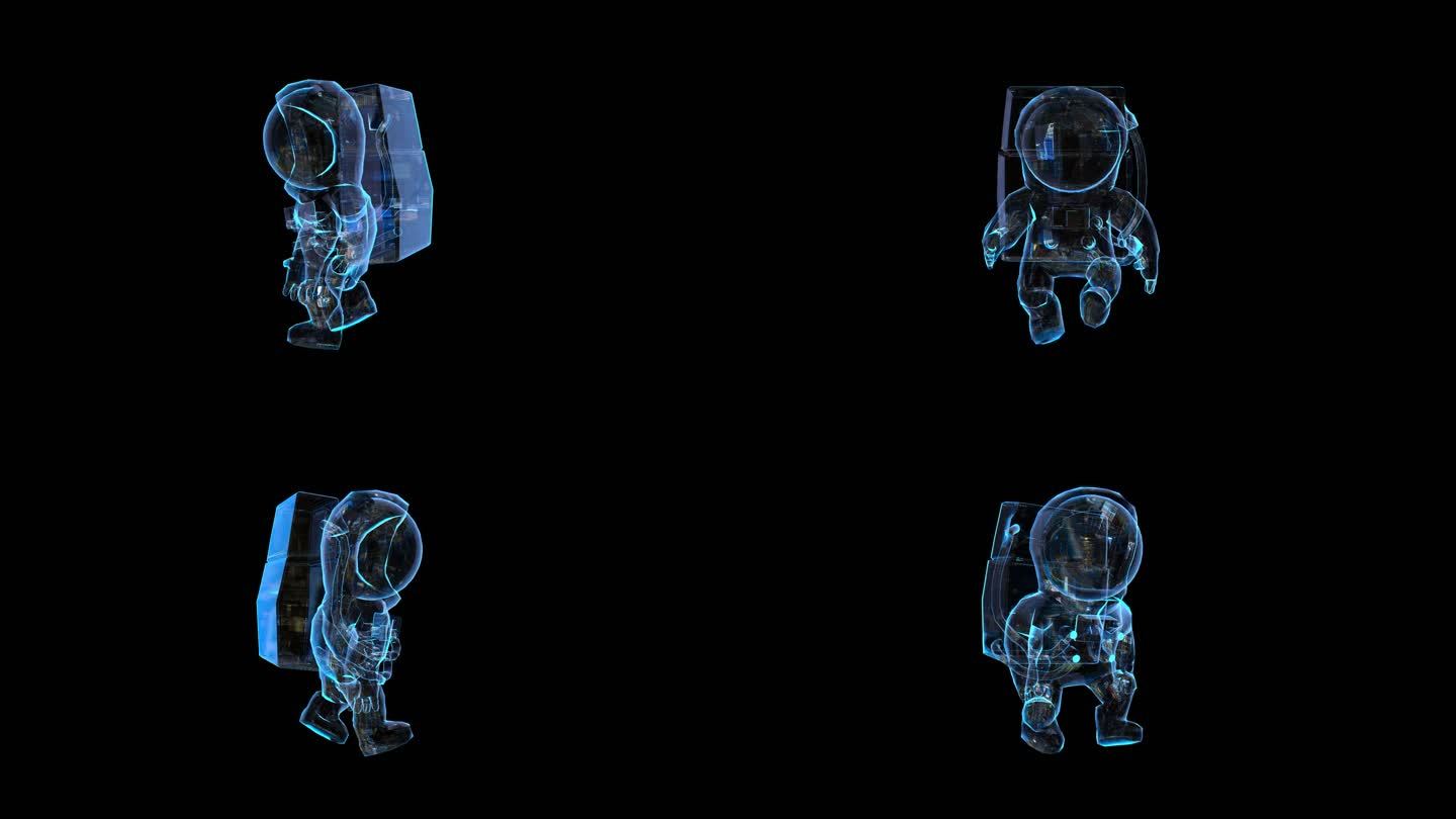 科技全息Q版宇航员漫步走路透明通道素材