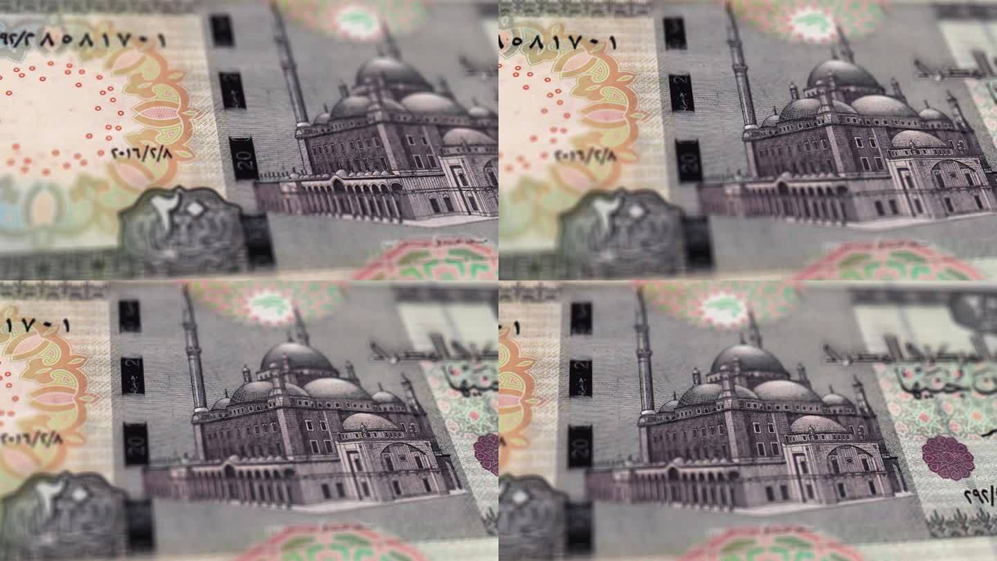 20磅埃及钞票观察和储备侧特写追踪推车拍摄20张埃及钞票当前20磅埃及镑钞票4k分辨率股票视频-埃及