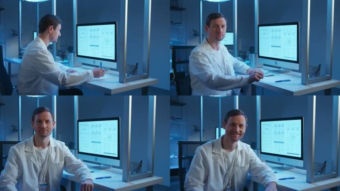 一位身穿白色实验服的白人实验室医生在他的工作场所，在一个现代化的实验室里，带着电脑显示器，转向摄像机