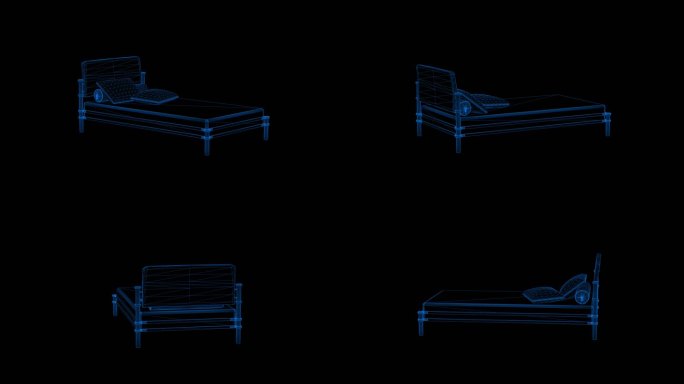 4k蓝色全息科技线框床素材带通道