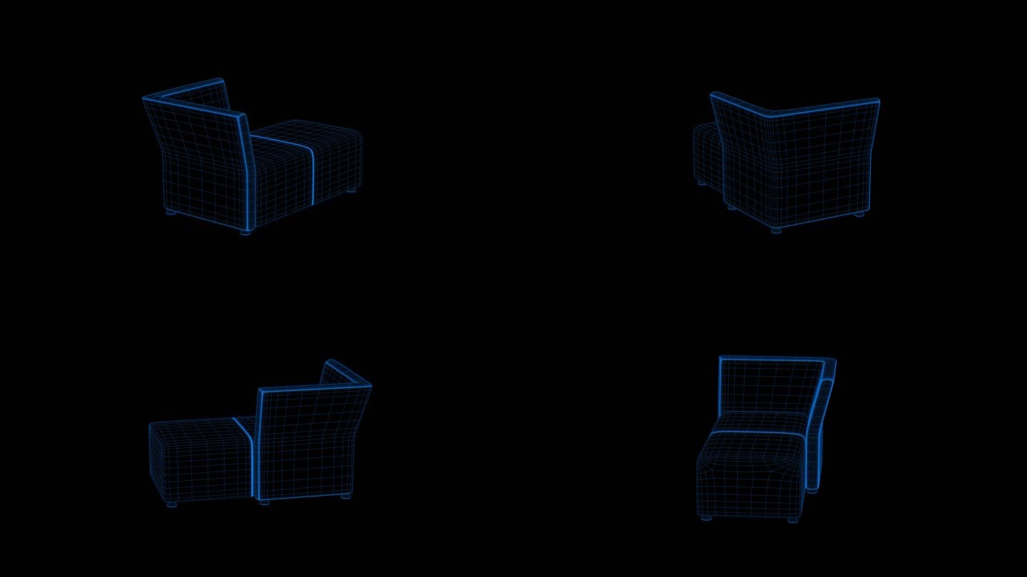 4k蓝色全息科技线框家具沙发素材带通道