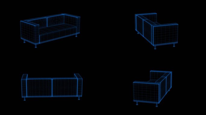 4k蓝色全息科技线框家具沙发素材带通道