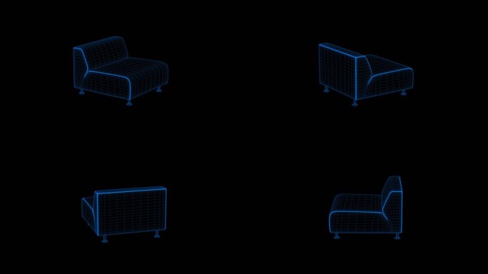 4k蓝色全息科技线框家具沙发素材带通道