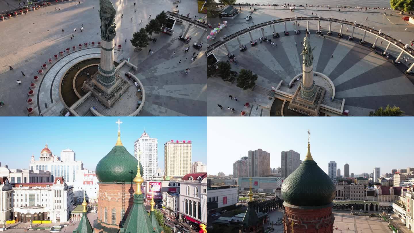 哈尔滨旅游风光素材索菲亚教堂，防洪纪念塔