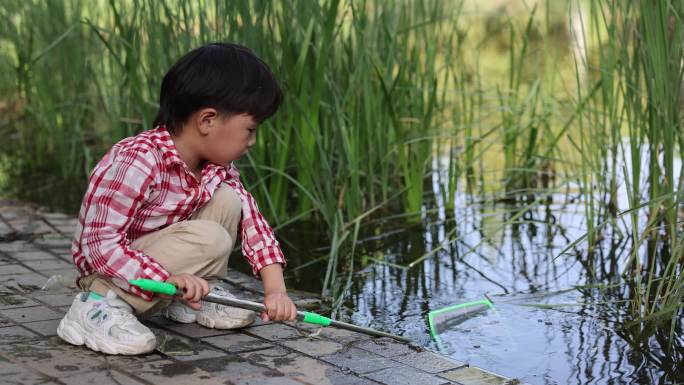 一个小男孩在池塘边玩耍
