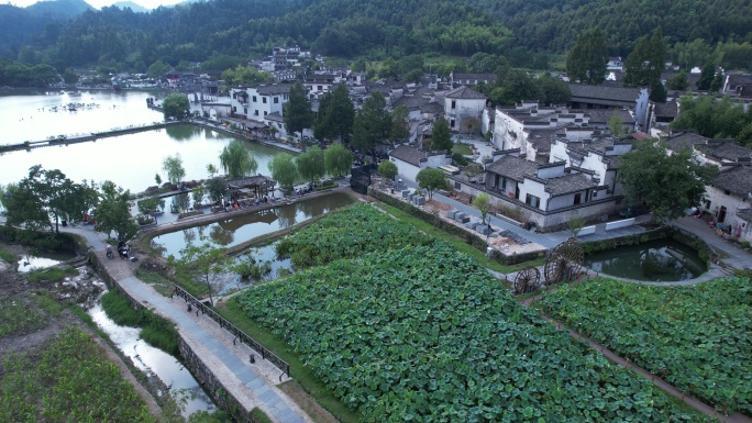 航拍黟县西递古村明经湖