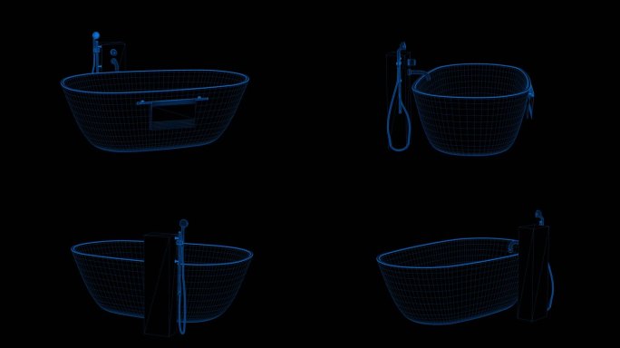 4k蓝色全息科技线框浴室浴缸淋浴带通道