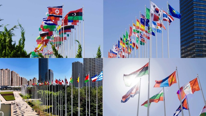 各国国旗飘扬联合国一带一路世界格局全球化