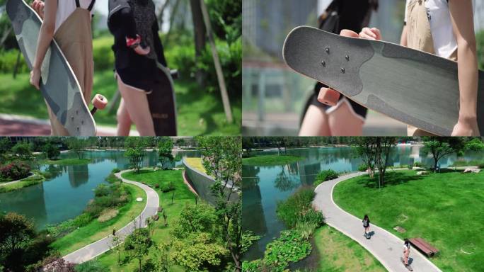 湖边草坪滑板户外运动潮人年轻女生都市公园