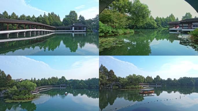 多镜航拍 杭州西湖景区浴鹄湾 霁虹桥