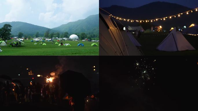 帐篷露营营地、营地灯夜景