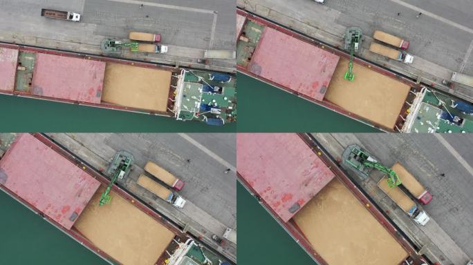 国际港口卸载货船的鸟瞰图。