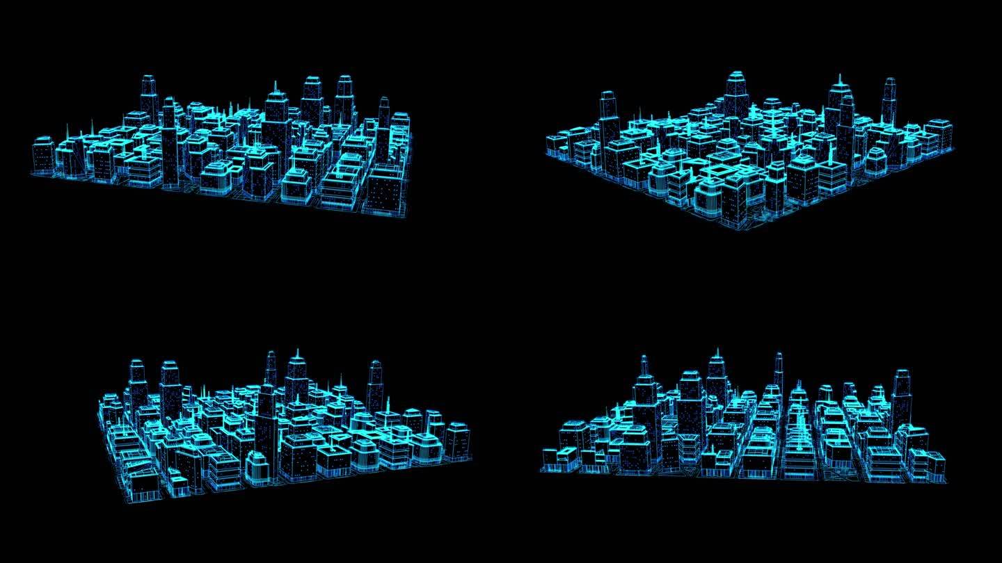 蓝色全息科技感线框城市素材带通道