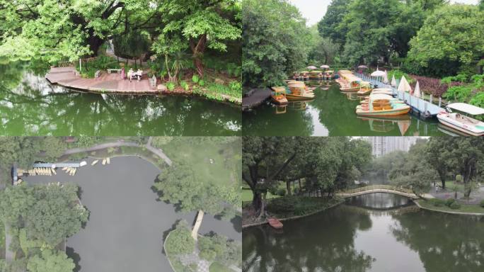4K广州海珠区晓港公园木桥湖面船游艇航拍
