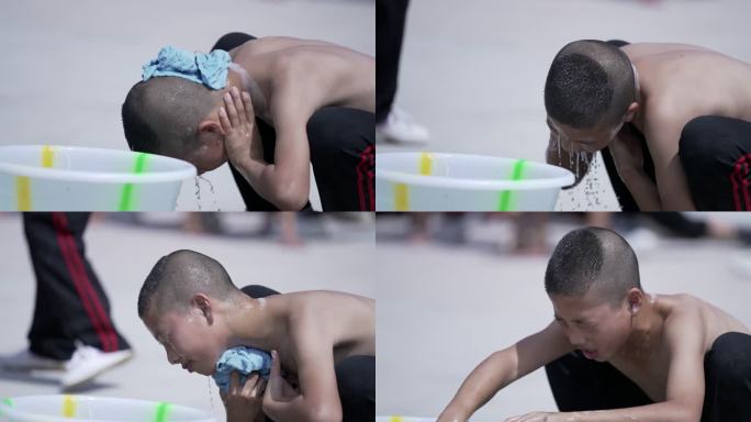 学习中国武术的小孩子在洗漱