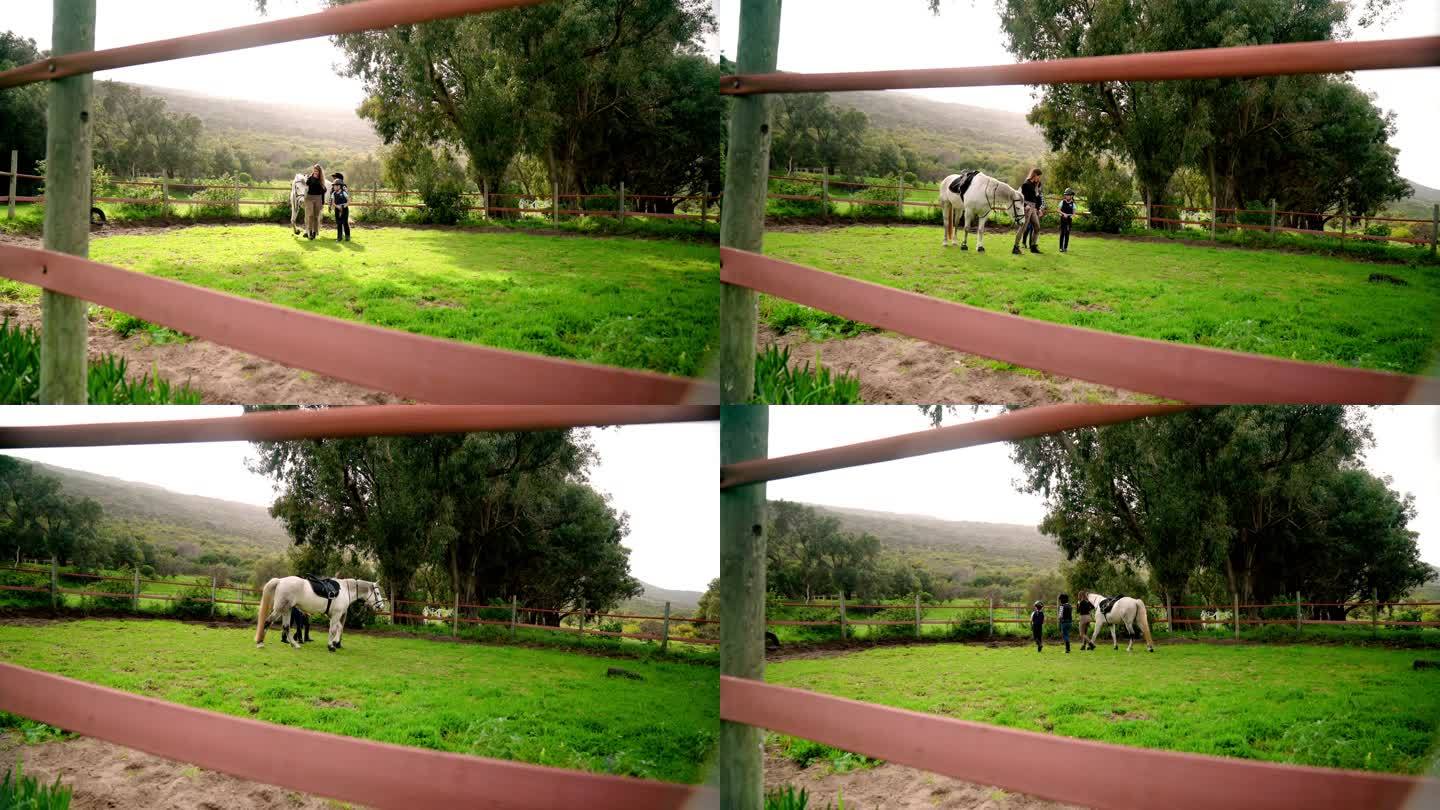 女教练和女孩在草地围场上骑着白马