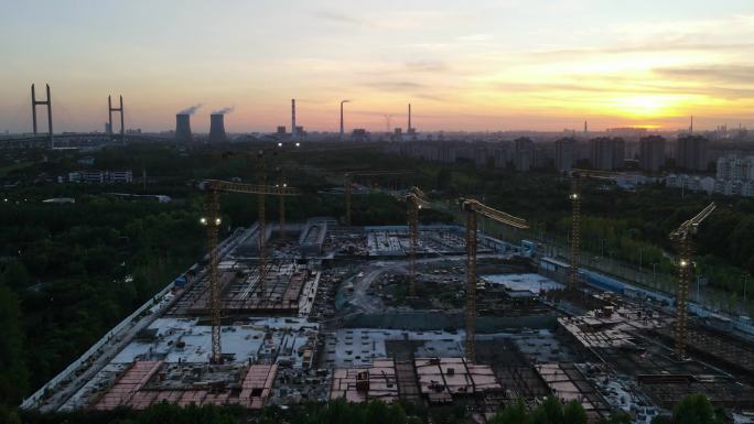 上海建筑工地塔吊航拍素材