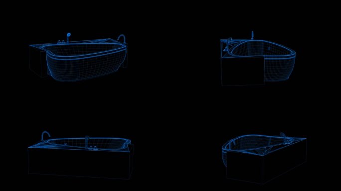 4k蓝色全息科技线框浴室浴缸淋浴带通道