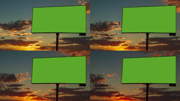 特写广告牌，空白绿色屏幕，背景为天空中的移动云，时间推移