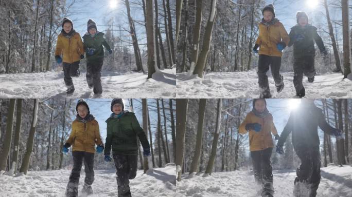 阳光明媚的日子里，快乐的孩子们在美丽的冬日森林里奔跑