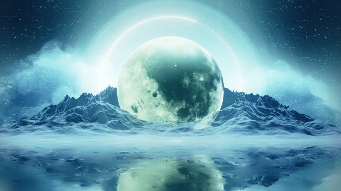 梦幻冰上的满月唯美魔幻场景舞台背景想象力