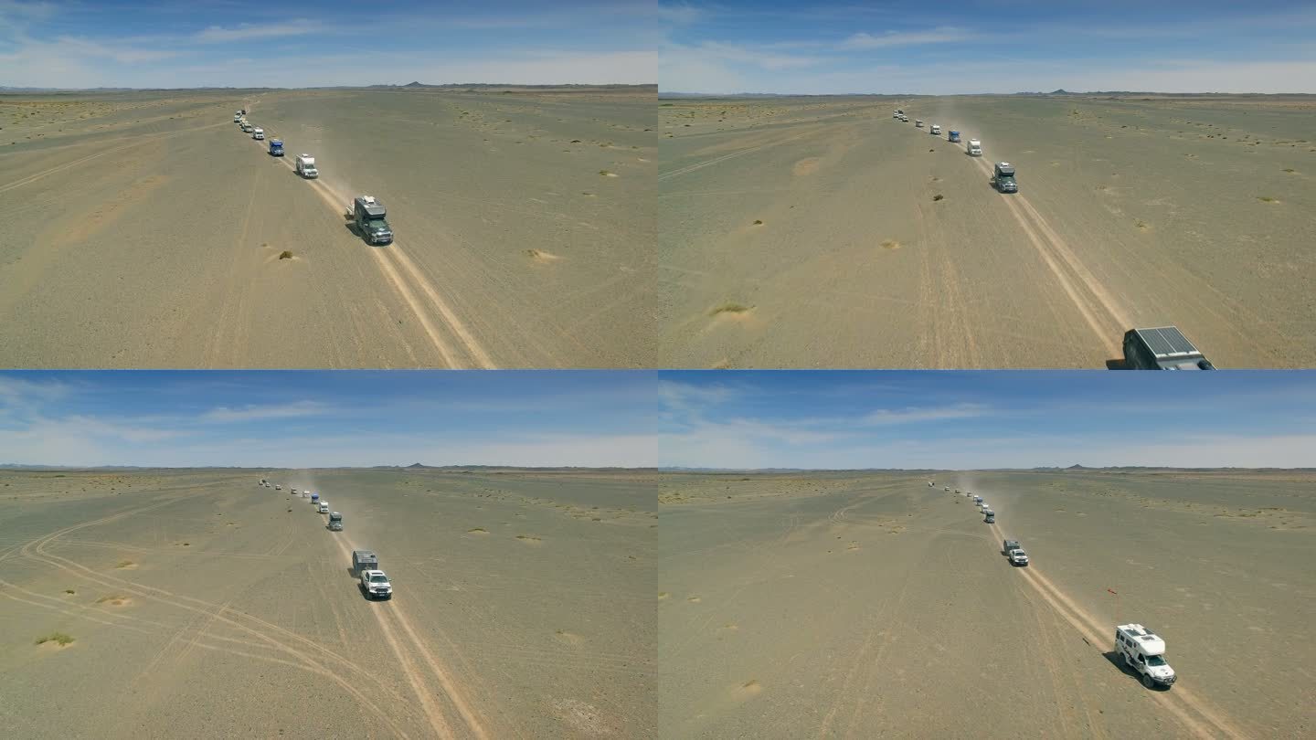 中国新疆戈壁沙漠汽车驾驶鸟瞰图。