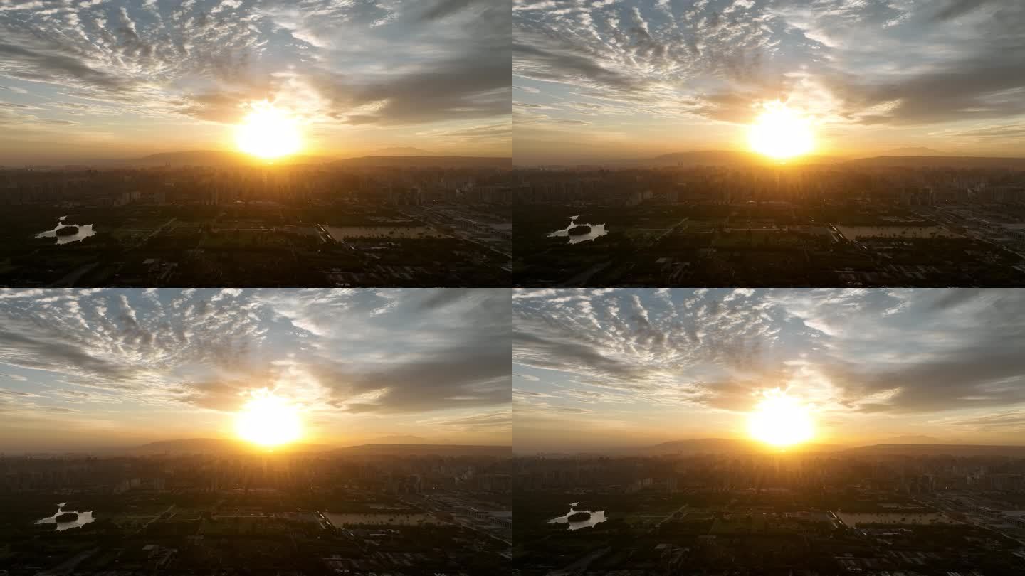 朝霞照射下的城市清晨城市空镜头纪录片片头