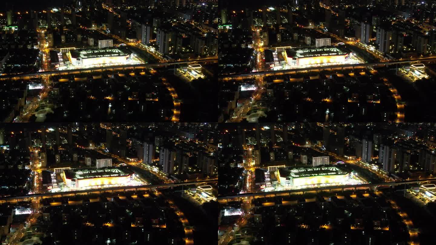 航拍山东威海万达广场的周边楼群夜景