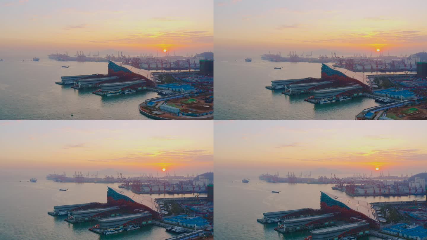 深圳蛇口码头港口落日海面航拍风光