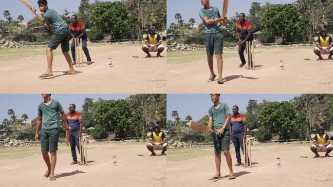一名游客，白人，在斯里兰卡拍摄街头球队打板球。