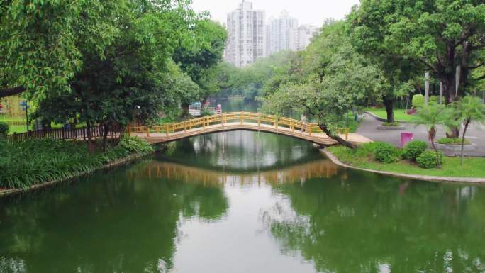 4K广州海珠区晓港公园木桥湖面航拍