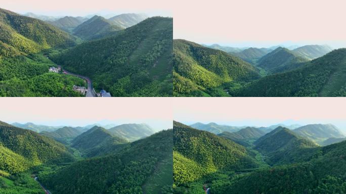 湖州莫干山村庄山路航拍