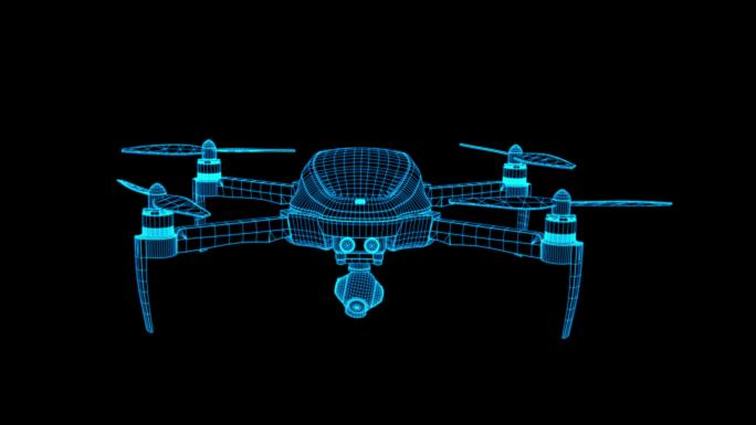 蓝色全息线框无人机飞行动画素材带通道