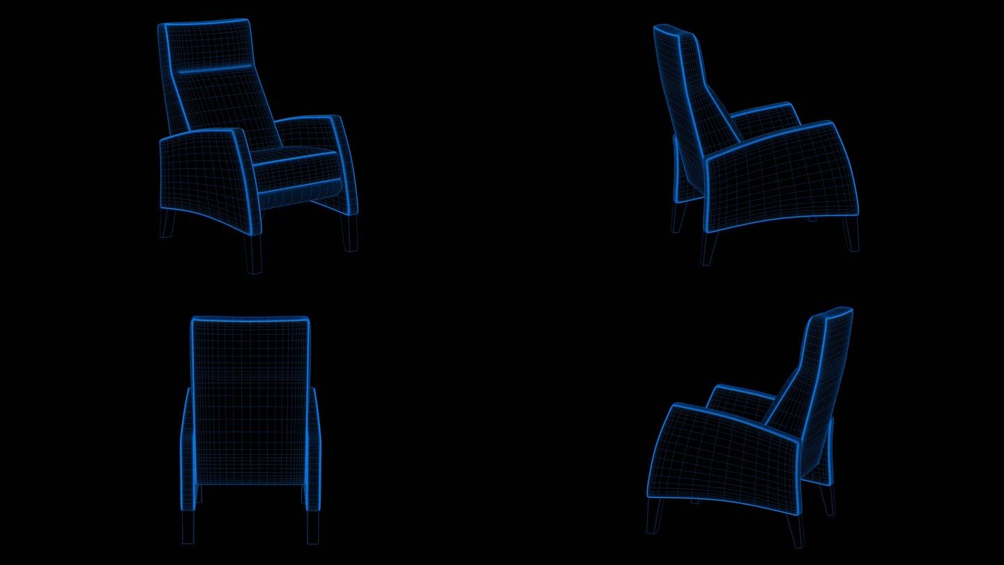 4k蓝色全息科技线框椅子沙发素材带通道