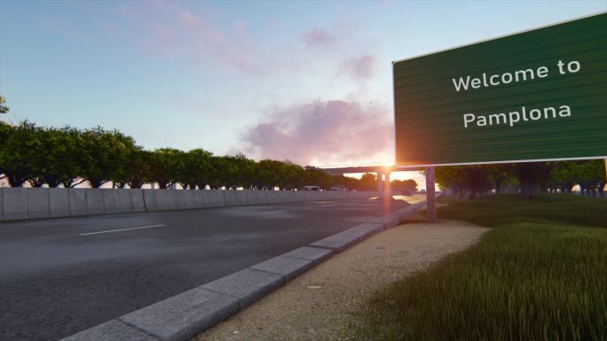 欢迎来到潘普洛纳，欢迎前往潘普洛那高速公路上的路标。动画公路场景
