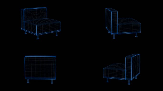 4k蓝色全息科技线框椅子沙发素材带通道