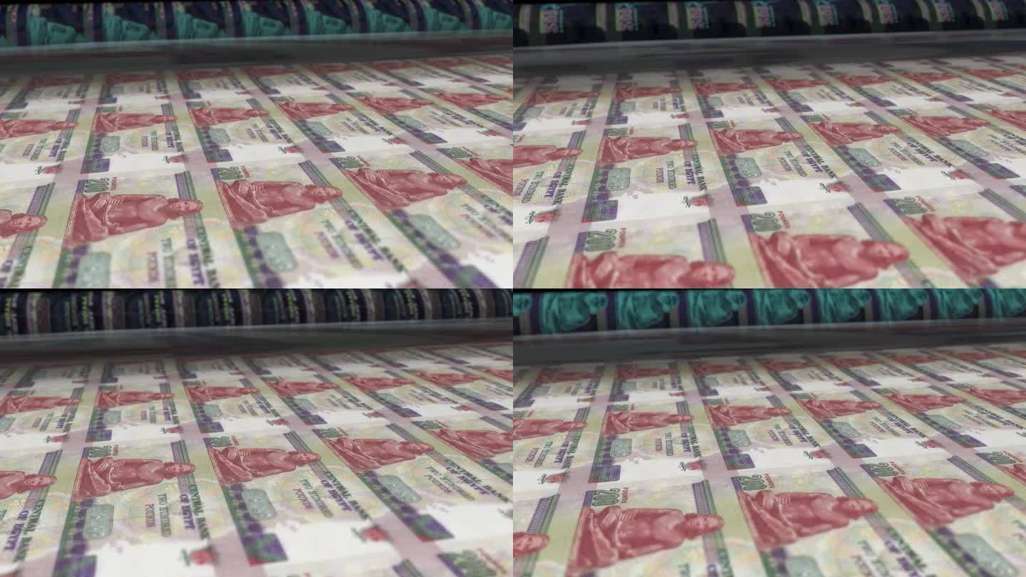 埃及，埃及镑印刷机打印当前200磅纸币，无缝循环，埃及货币背景，4K，焦点深度
