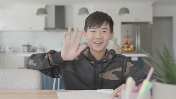亚洲未成年男孩在家里制作视频通话、使用摄像头缩放在线虚拟课堂、社交距离、在家上学、远程学习、新常态概
