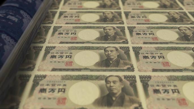 日元印刷机打印当前1000日元纸币，东京，无缝循环，日本货币背景，4K，焦点深度