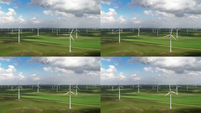 风机鸟瞰图草原风车涡轮风力发电可持续发展