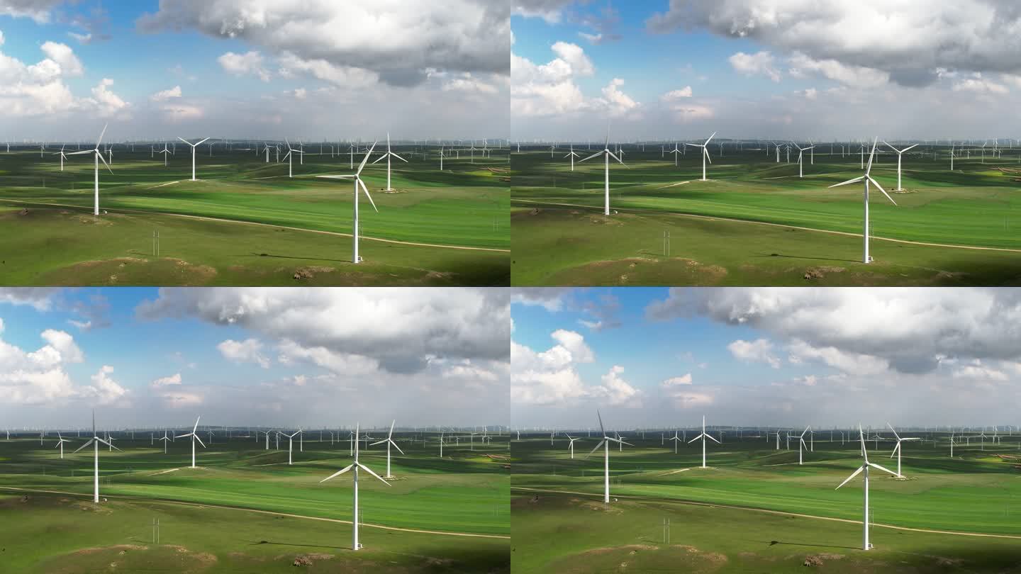 风机鸟瞰图草原风车涡轮风力发电可持续发展
