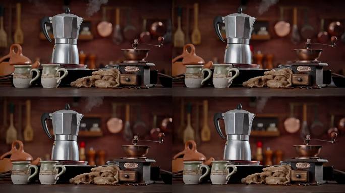 在间歇式咖啡壶中煮咖啡的过程。