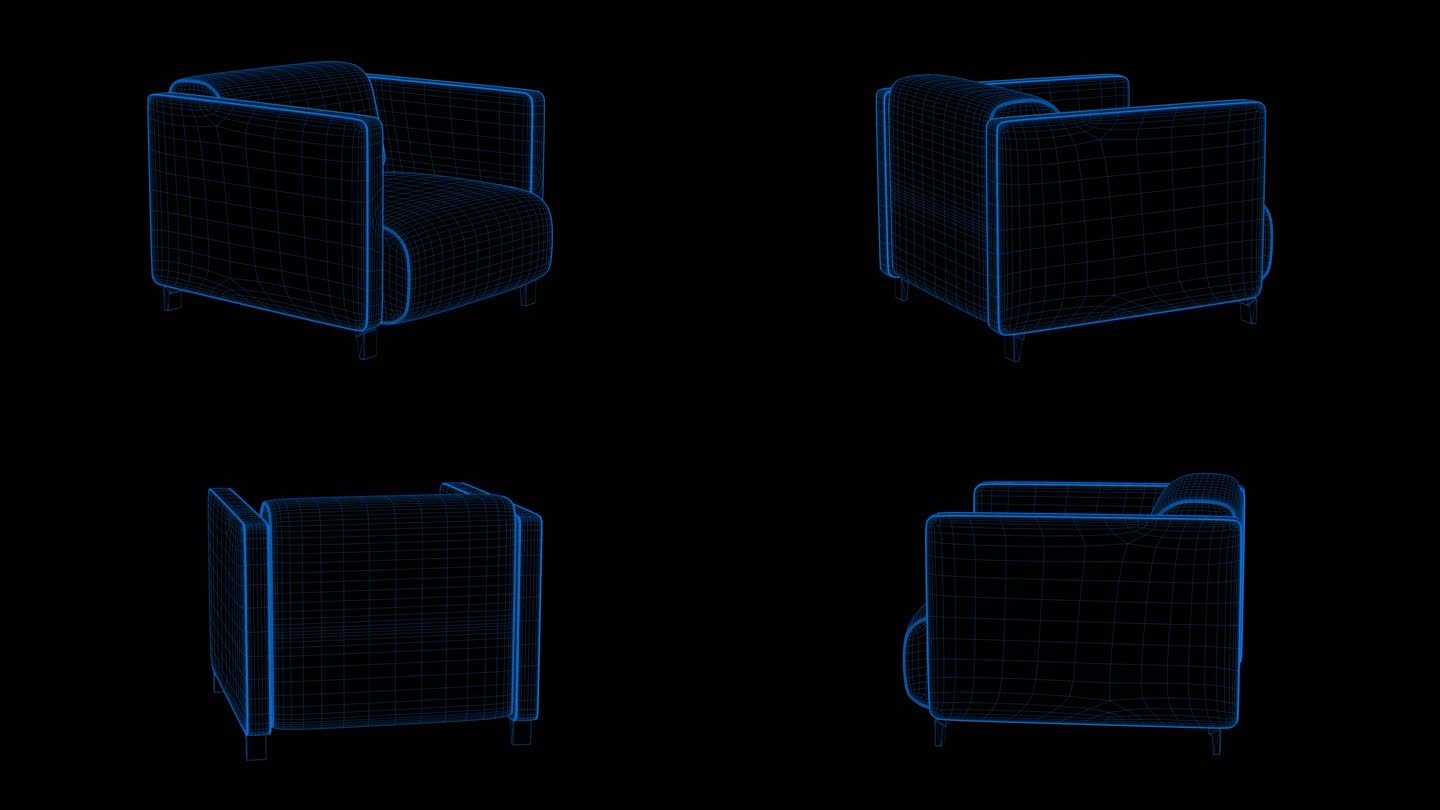 4k蓝色全息科技线框椅子沙发素材带通道